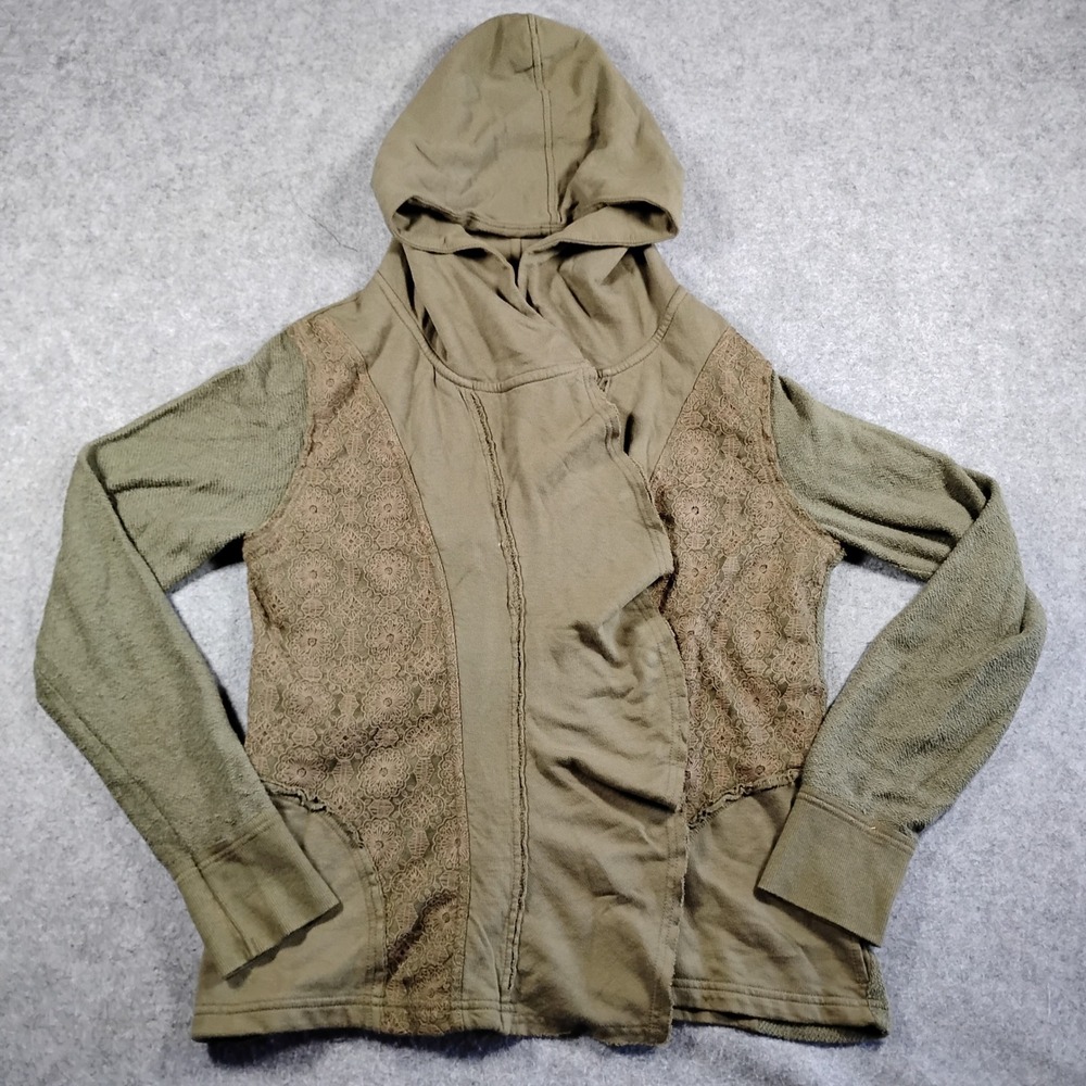 Free‎ People Olive Green Lace Inset Hooded Open Front Cardigan Jacket Medium